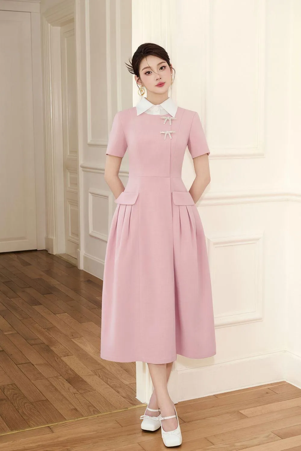 Aimi A-line Collared Neck Linen Cotton Midi Dress