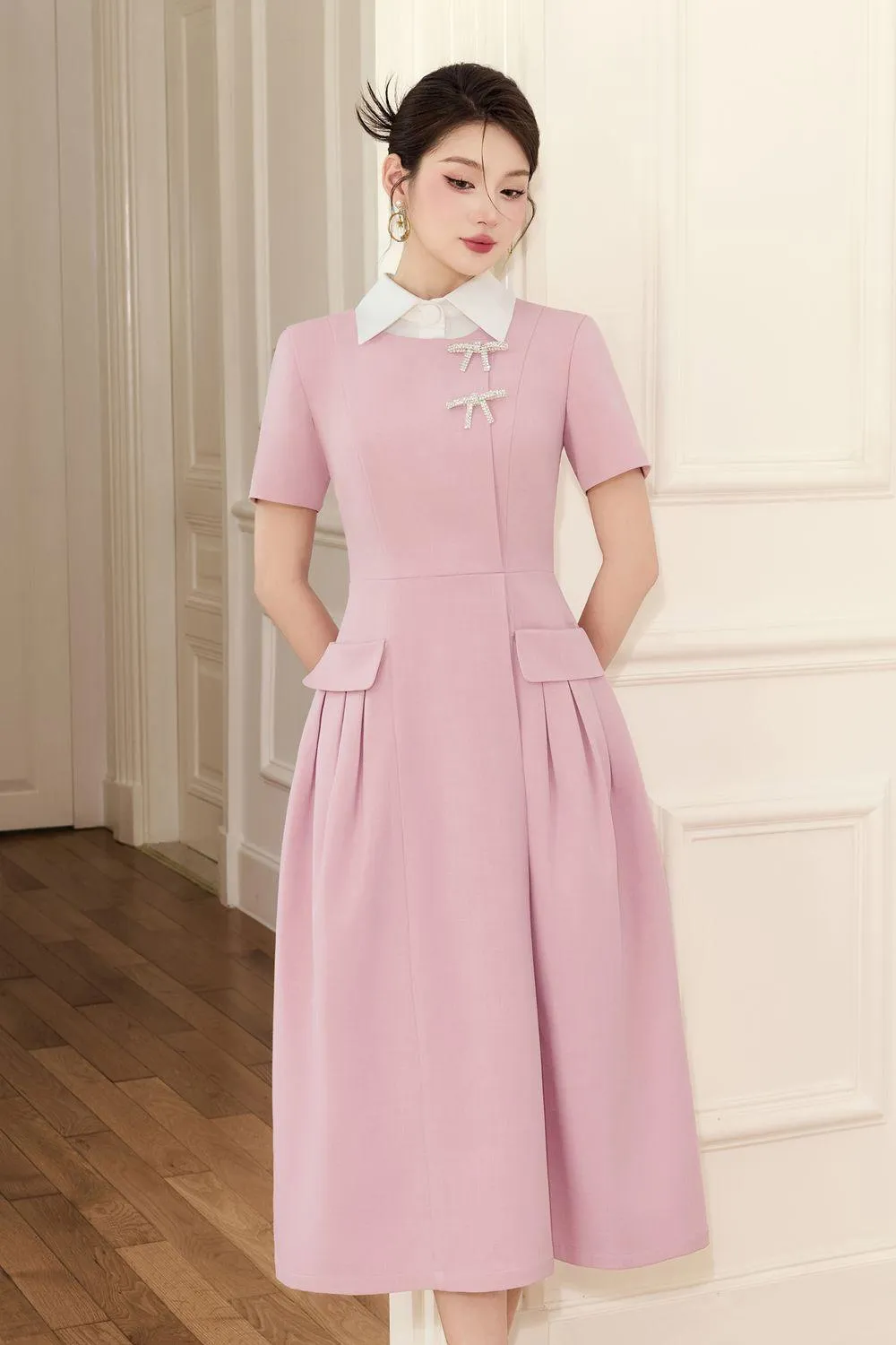 Aimi A-line Collared Neck Linen Cotton Midi Dress
