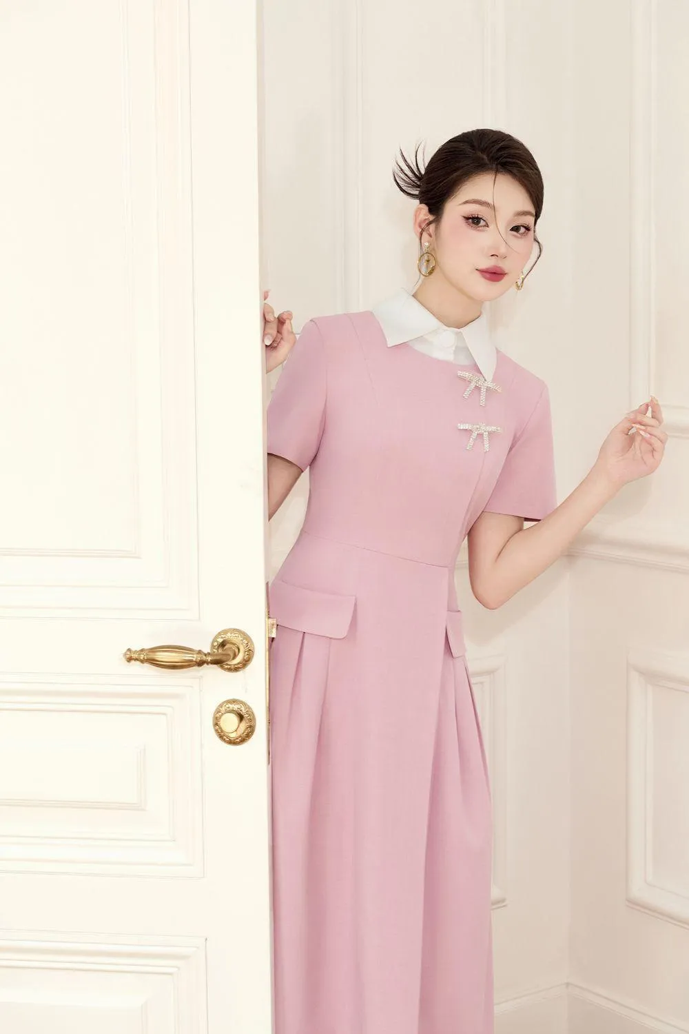 Aimi A-line Collared Neck Linen Cotton Midi Dress
