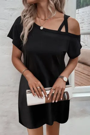 Asymmetrical Black One-Shoulder Mini Dress with Short Sleeves
