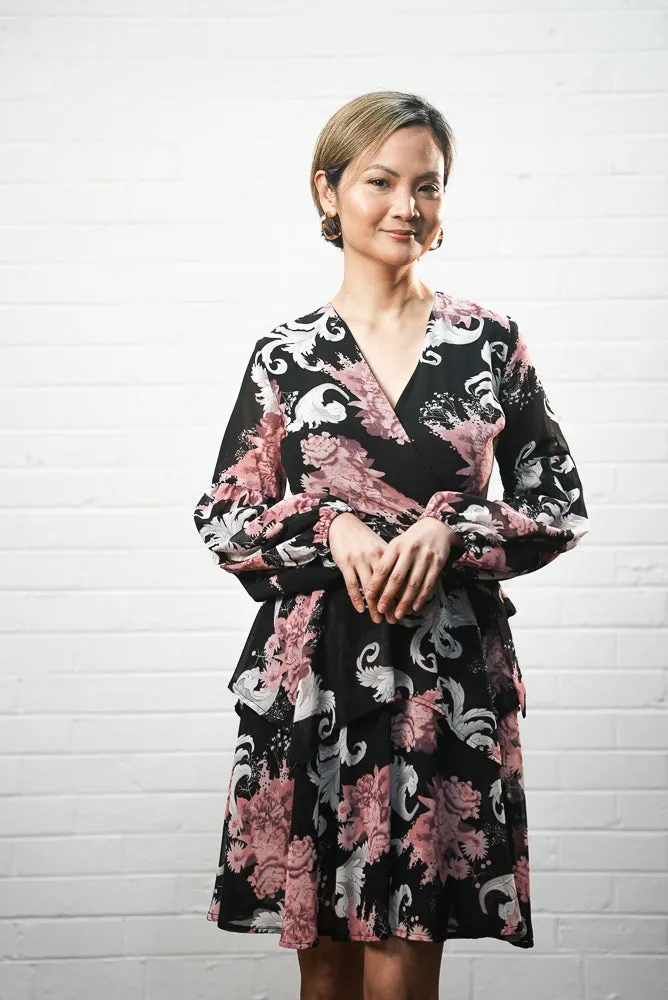 Black printed short dress | BOUQUET DRESS