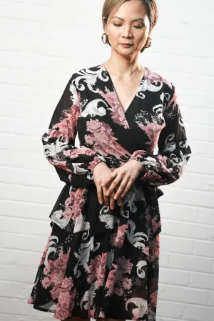 Black printed short dress | BOUQUET DRESS