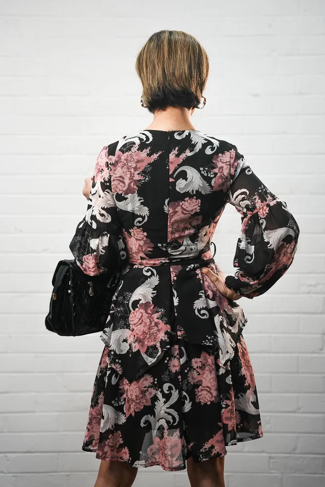 Black printed short dress | BOUQUET DRESS