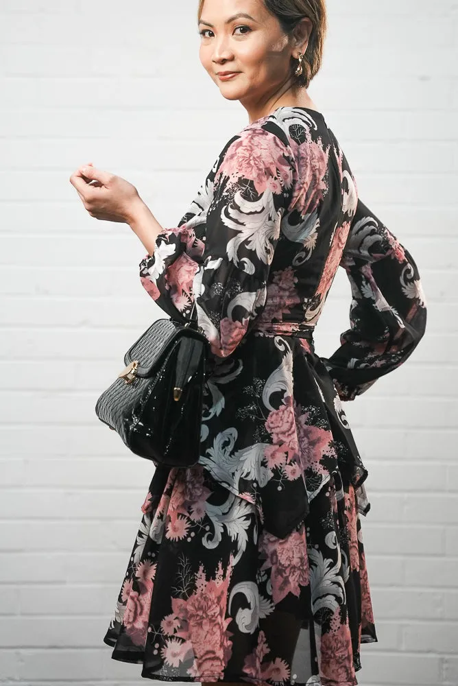 Black printed short dress | BOUQUET DRESS