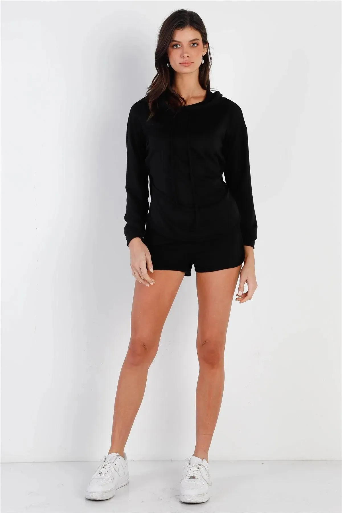 Black Racer Back Detail Long Sleeve Hooded Top & Short Set /1-2-2