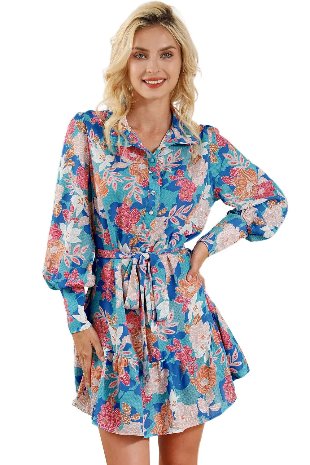 Blue Blossom Lantern Sleeve A-Line Shirt Dress