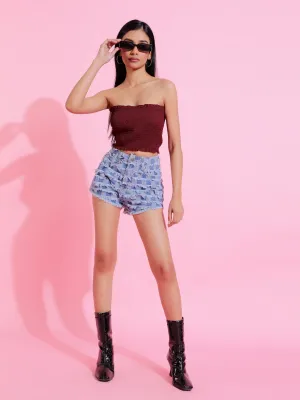 Blue Checked Embellished Denim Shorts