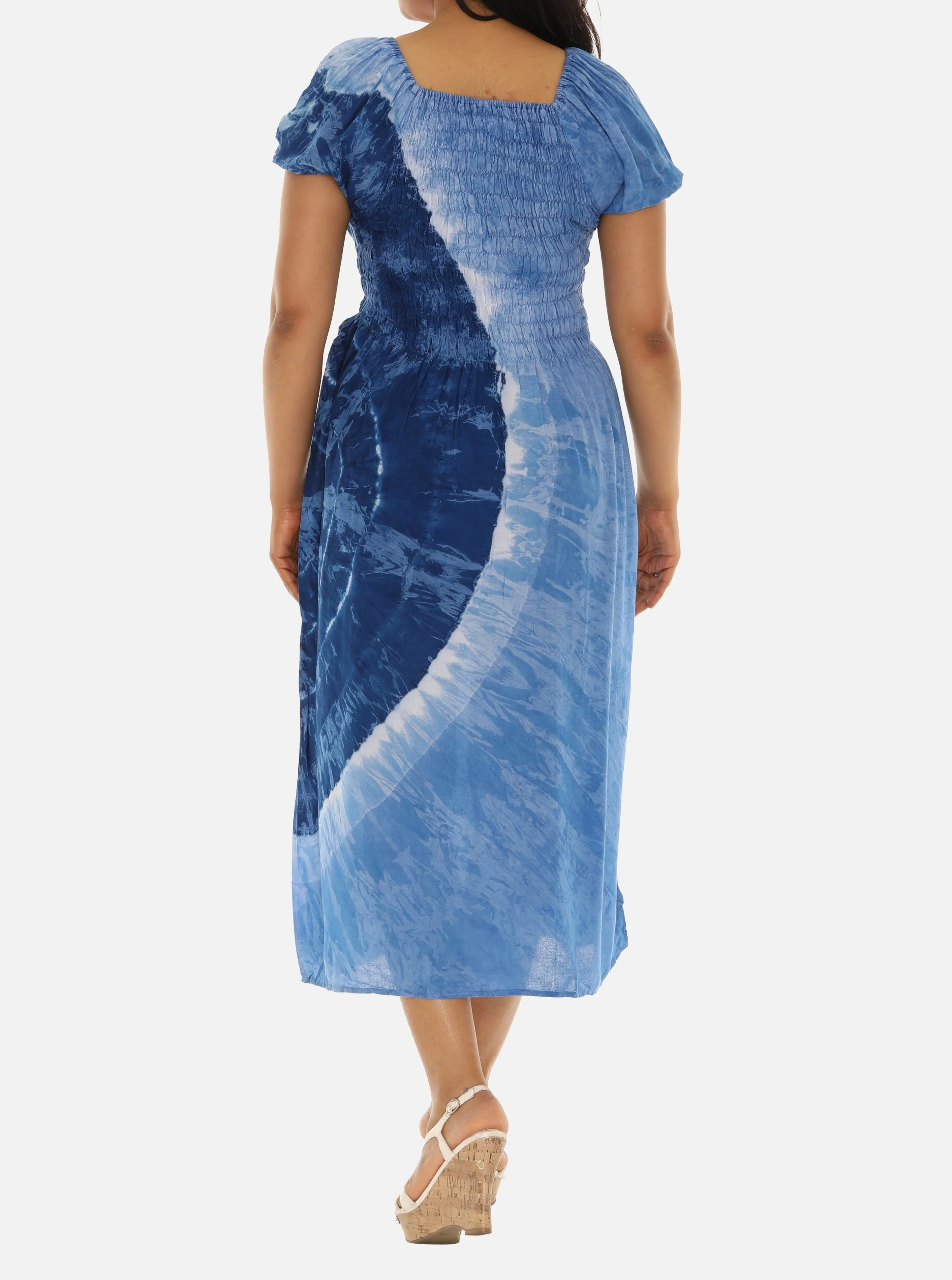 Blue Tie-Dye Smocked Top Short Sleeve Midi Dress For Women