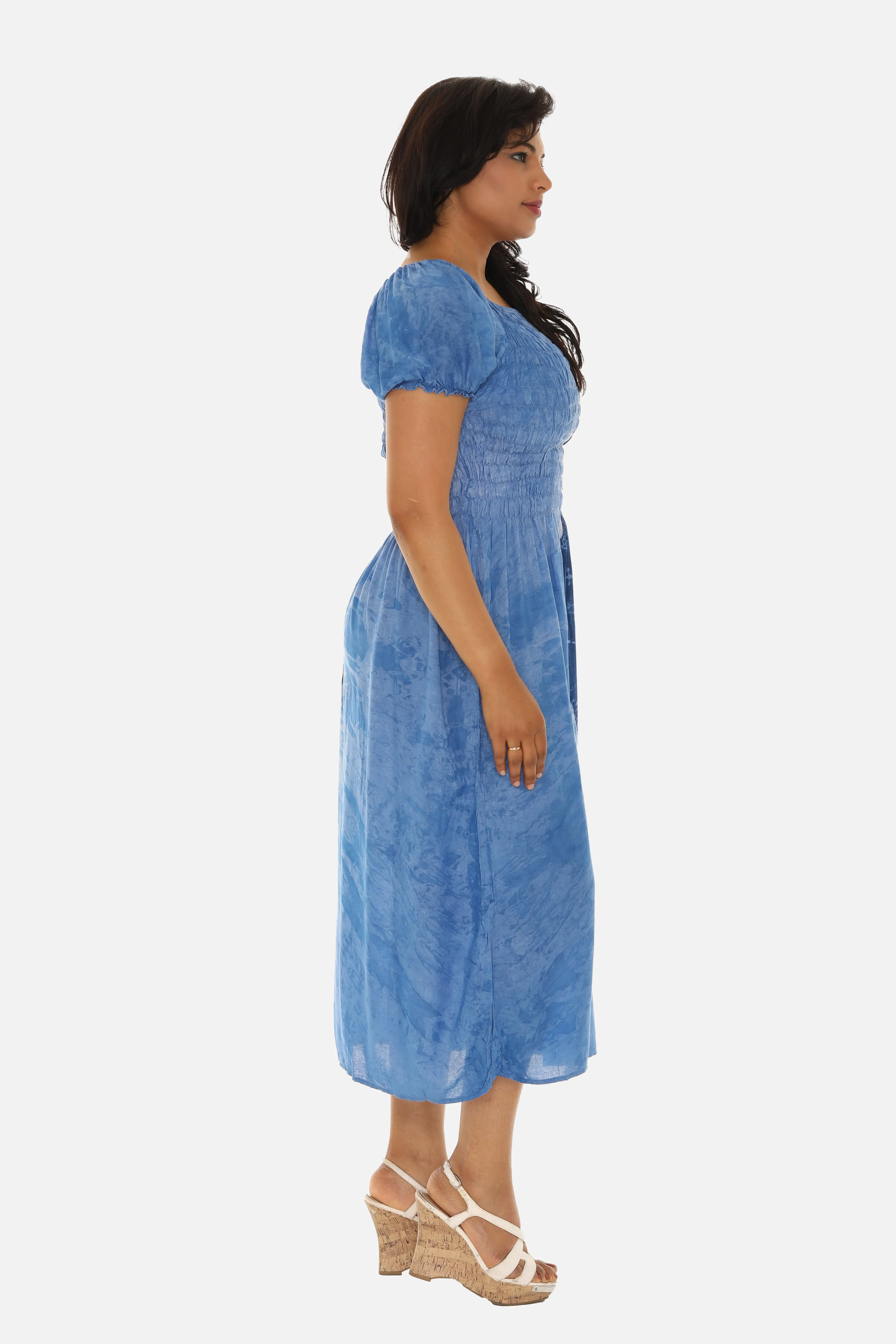 Blue Tie-Dye Smocked Top Short Sleeve Midi Dress For Women