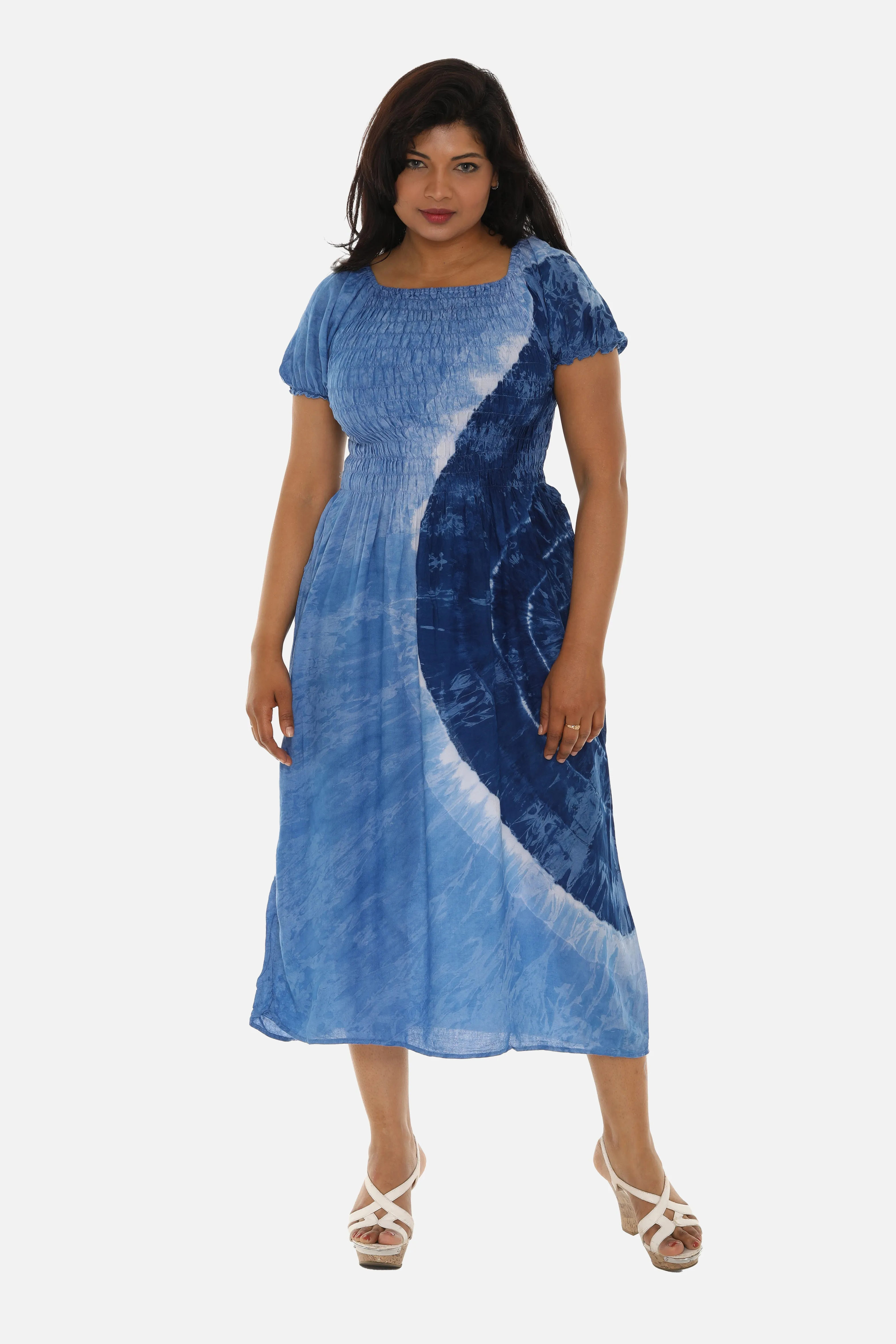 Blue Tie-Dye Smocked Top Short Sleeve Midi Dress For Women