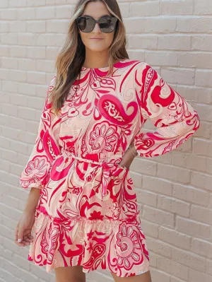 Boho Chic Keyhole Back Pink Paisley Mini Dress with Belt