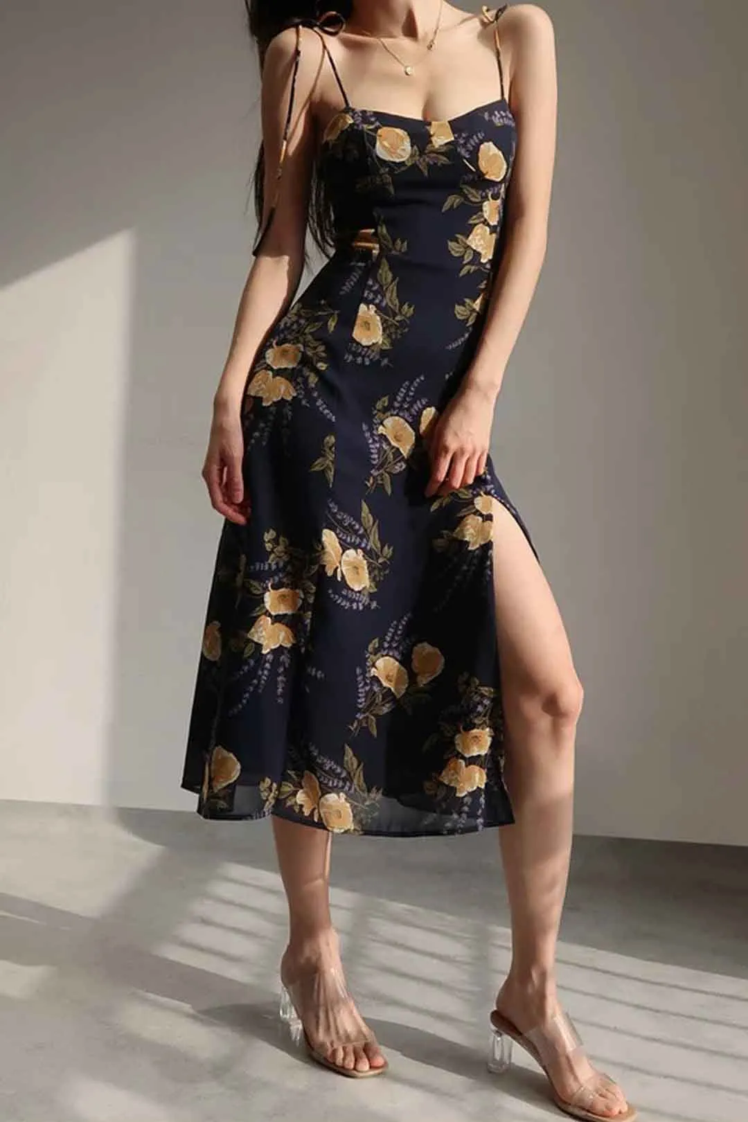 Boho Midi Dress, Strappy Sundress, Black Rose Garden