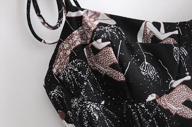 Boho Midi Dress, Strappy Sundress, Lady in Black