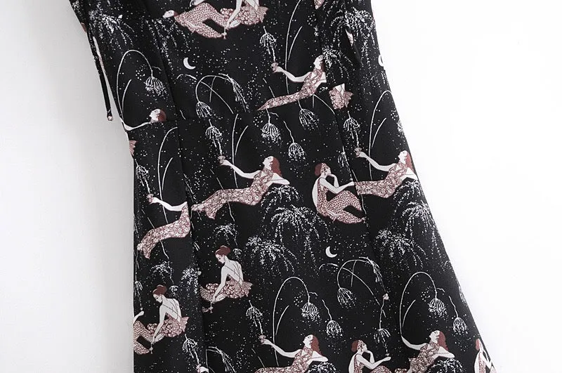 Boho Midi Dress, Strappy Sundress, Lady in Black