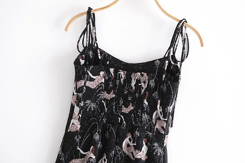 Boho Midi Dress, Strappy Sundress, Lady in Black