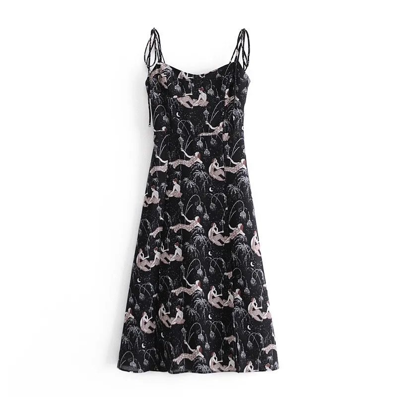 Boho Midi Dress, Strappy Sundress, Lady in Black