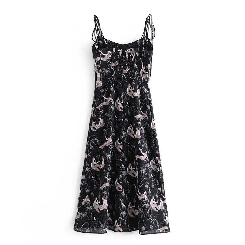 Boho Midi Dress, Strappy Sundress, Lady in Black