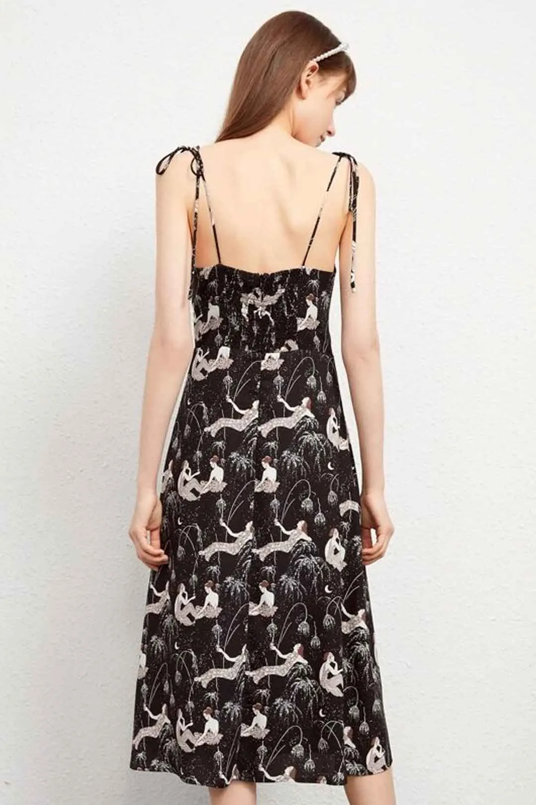 Boho Midi Dress, Strappy Sundress, Lady in Black