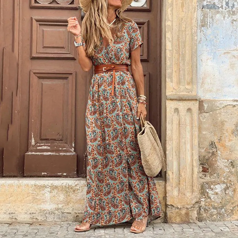 Boho Women V Neck Short Sleeve Paisley Print Belt Large Hem Beach Long Dress print dress summer beach dress with belt