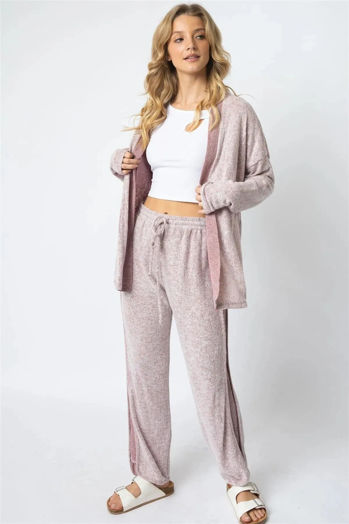 Burgundy Textured Side Detail Long Sleeve Cardigan & Wide Leg Pant Set /1-1-1