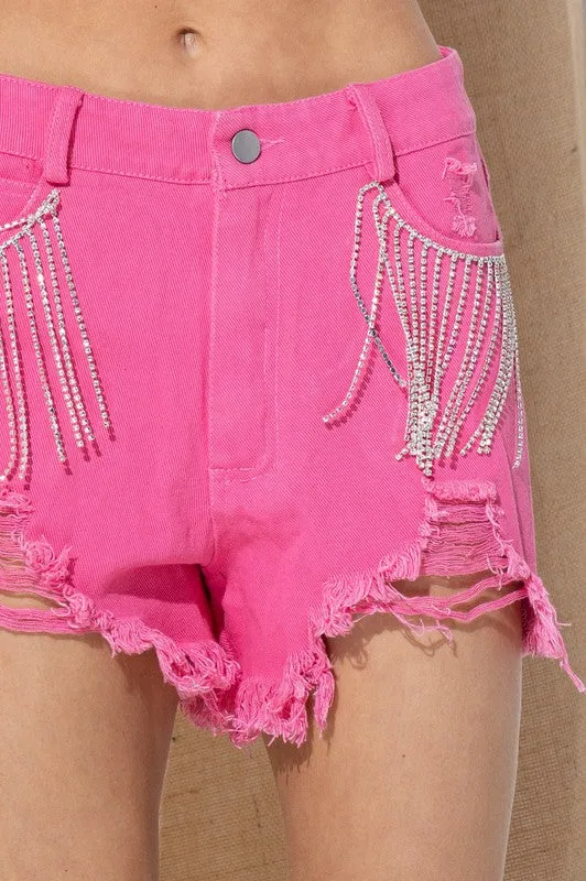 Carolina Girl Frayed Rhinestone Denim Shorts