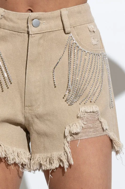 Carolina Girl Frayed Rhinestone Denim Shorts