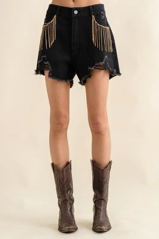 Carolina Girl Frayed Rhinestone Denim Shorts