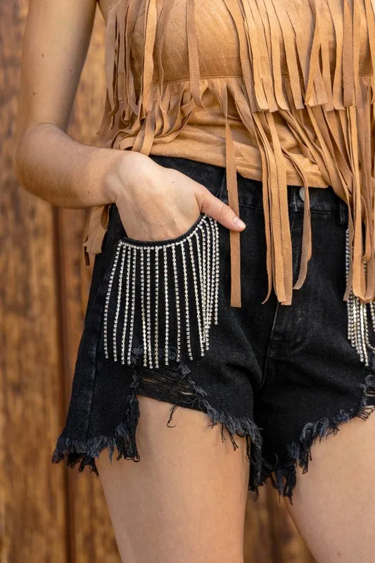 Carolina Girl Frayed Rhinestone Denim Shorts