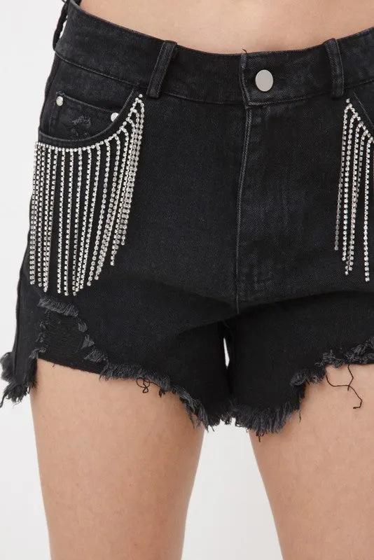 Carolina Girl Frayed Rhinestone Denim Shorts