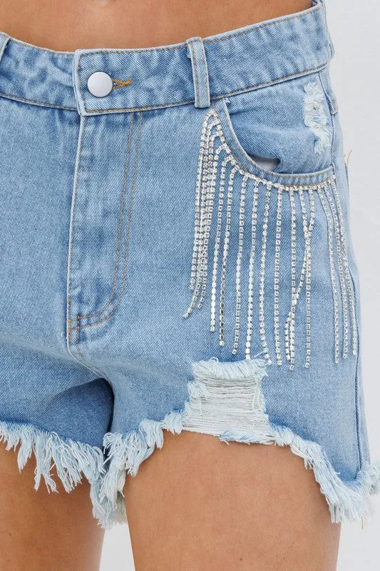 Carolina Girl Frayed Rhinestone Denim Shorts
