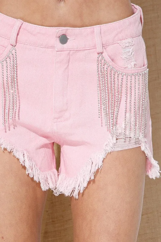 Carolina Girl Frayed Rhinestone Denim Shorts