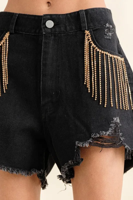Carolina Girl Frayed Rhinestone Denim Shorts