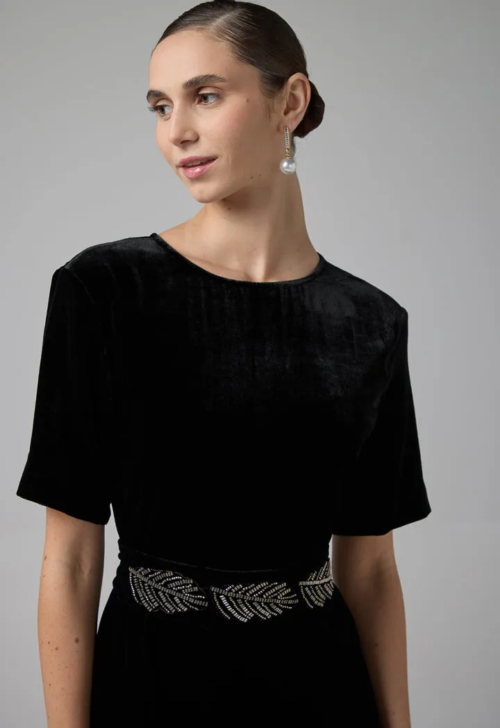 Choice Bead Embellished Velvet Dress Black