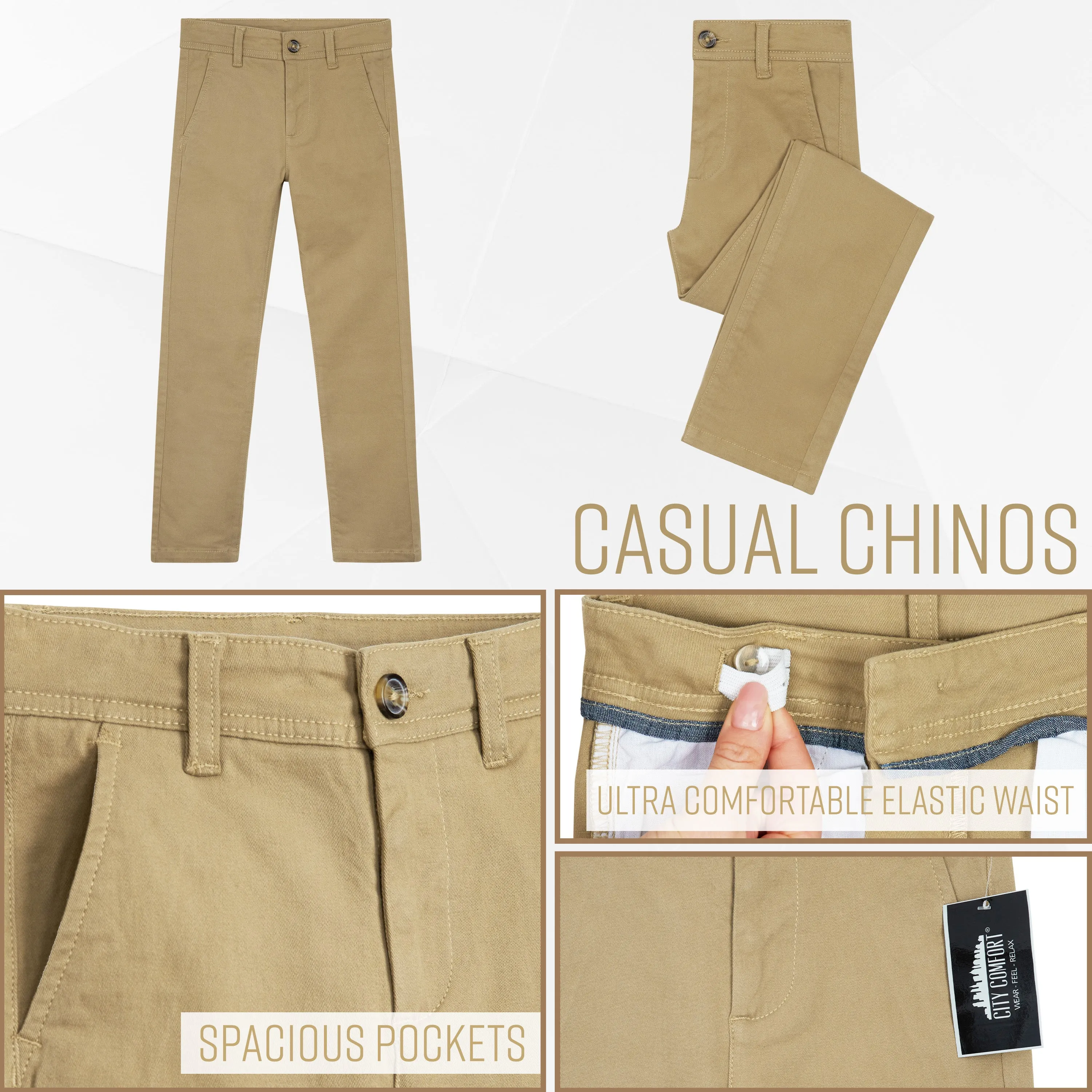 CityComfort Boys Chino Trousers with Front and Back Pockets, Adjustable Waist