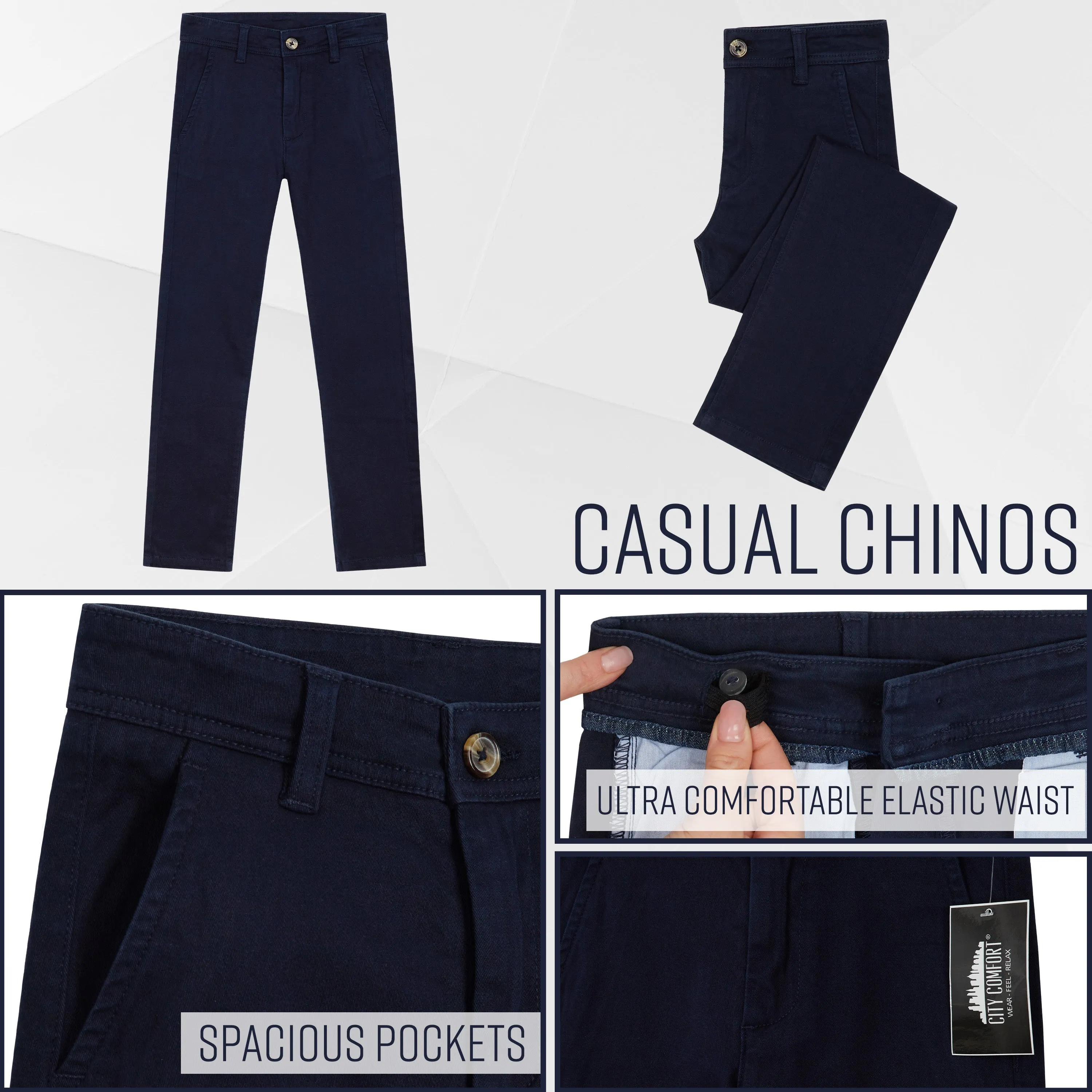 CityComfort Boys Chino Trousers with Front and Back Pockets, Adjustable Waist