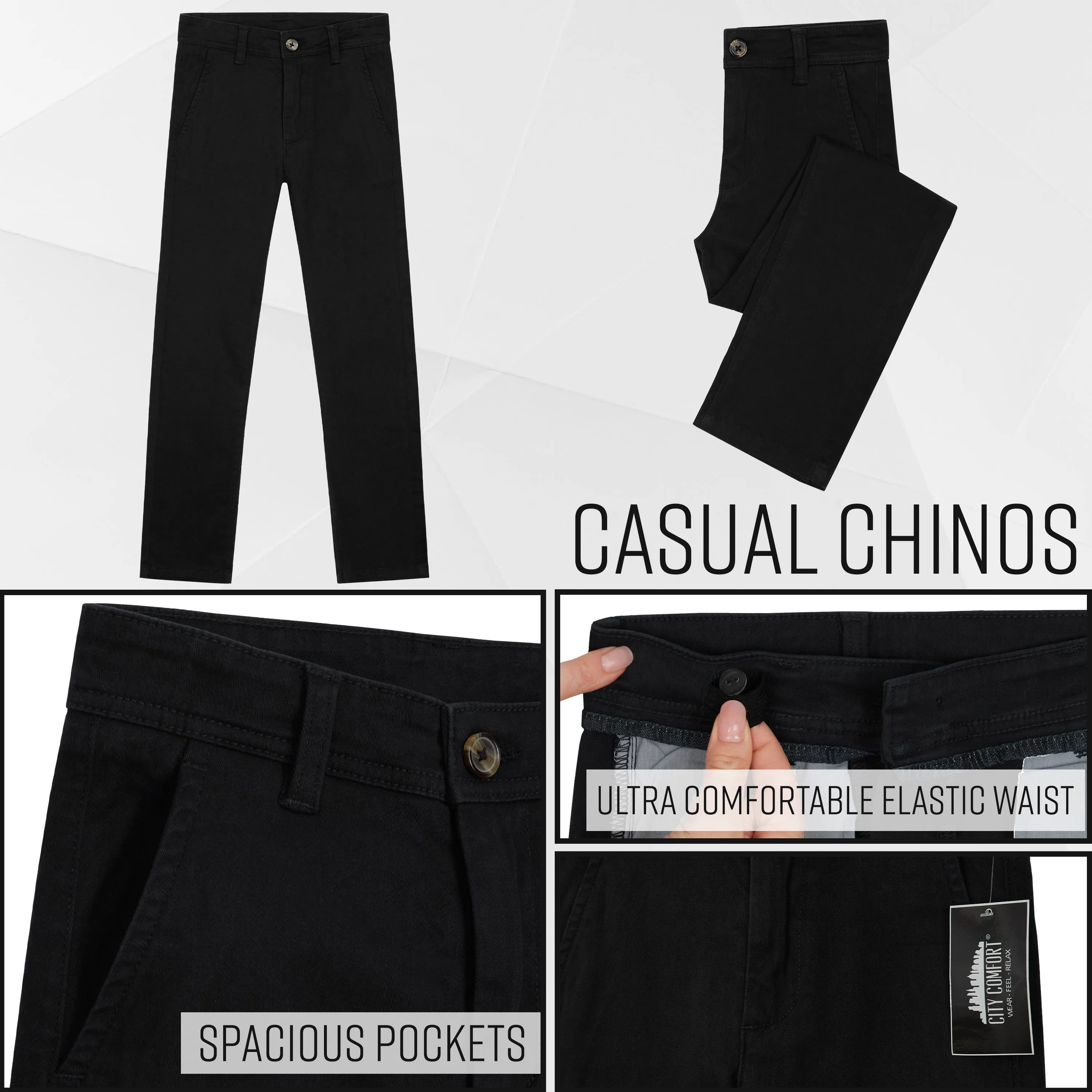 CityComfort Boys Chino Trousers with Front and Back Pockets, Adjustable Waist