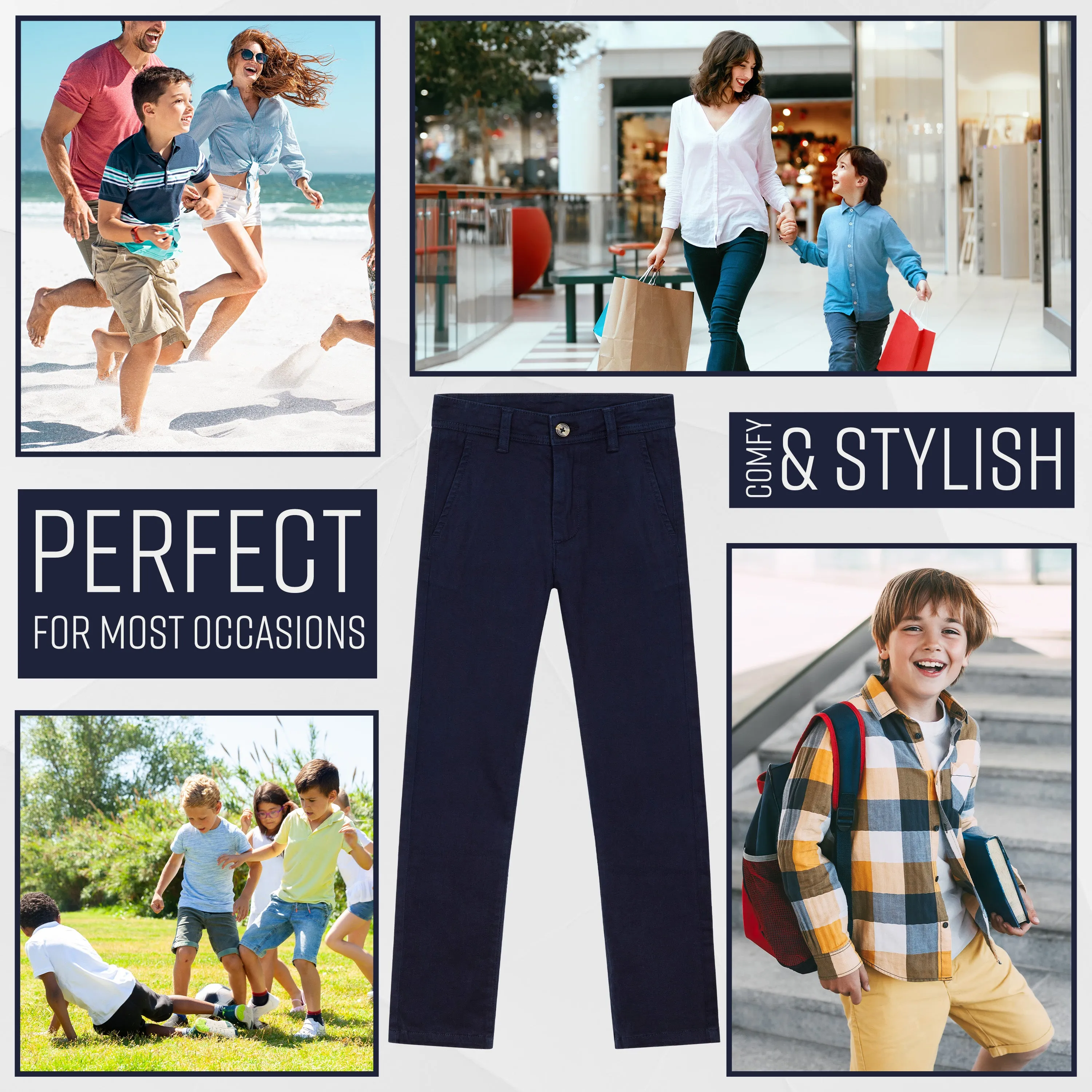 CityComfort Boys Chino Trousers with Front and Back Pockets, Adjustable Waist