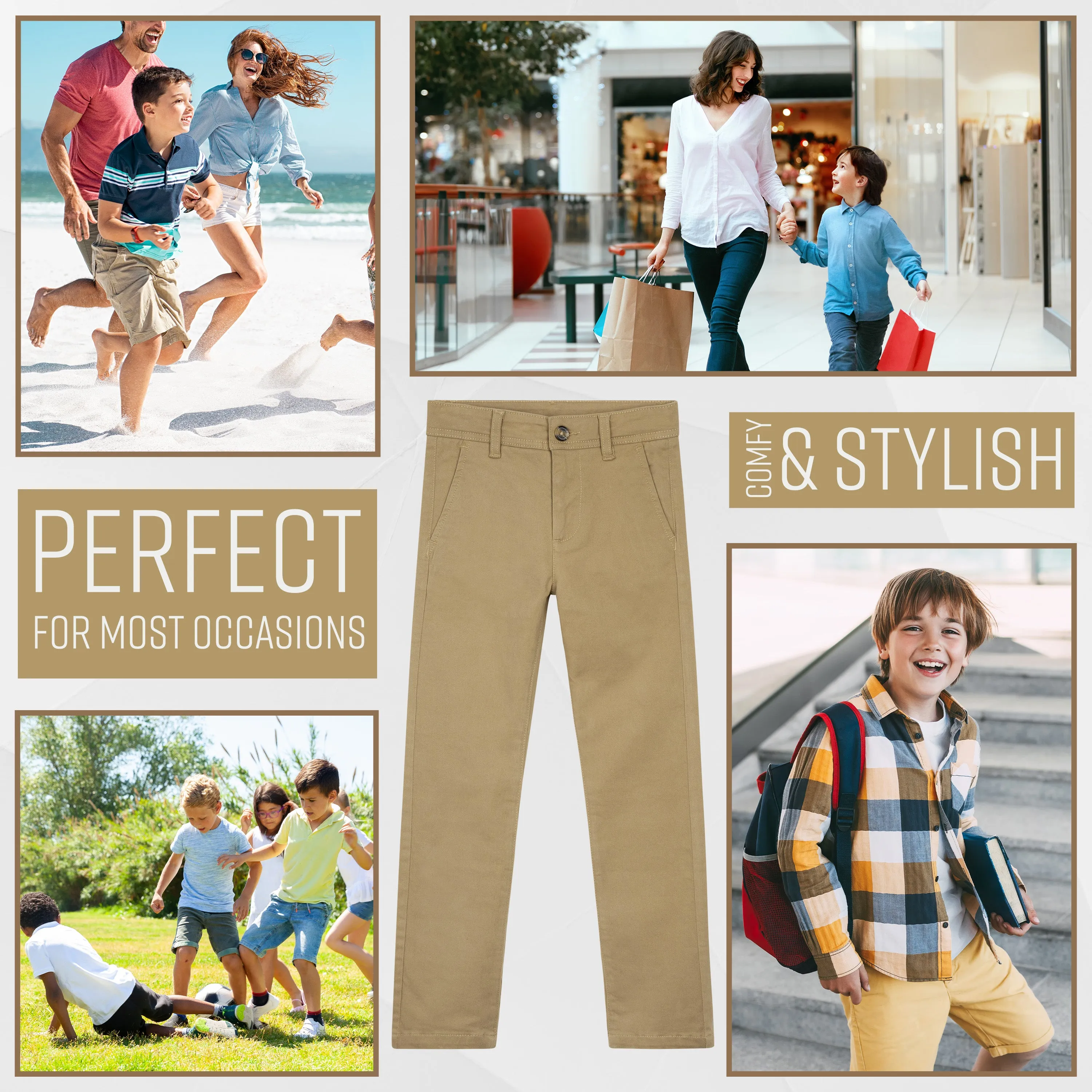 CityComfort Boys Chino Trousers with Front and Back Pockets, Adjustable Waist