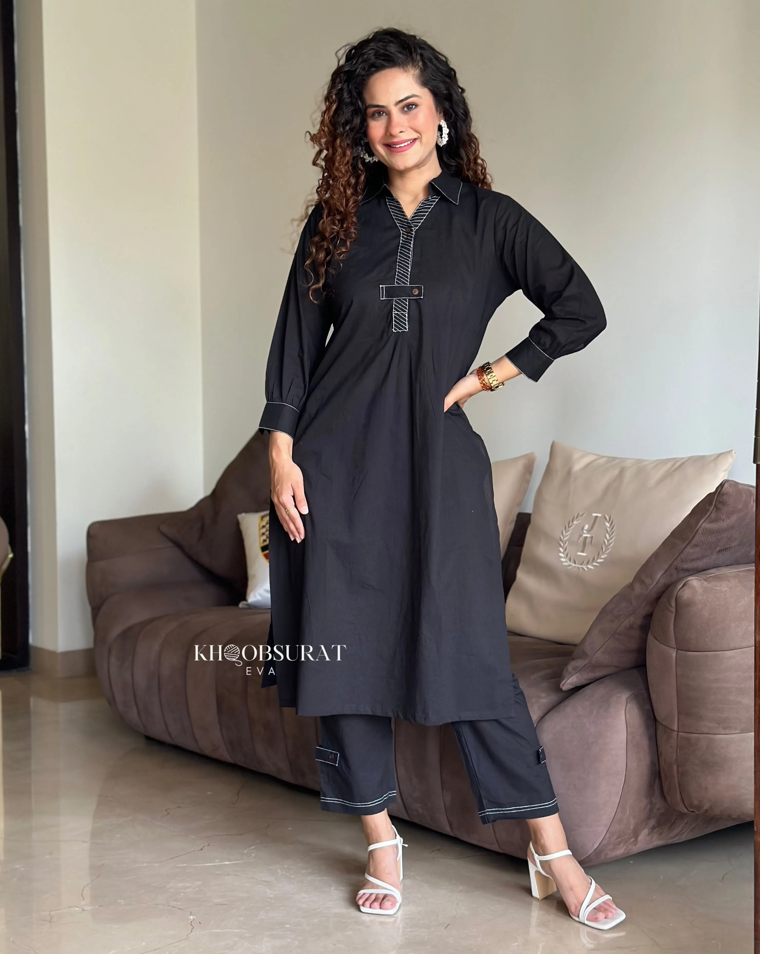 Cotton Casual Black Kurta Set