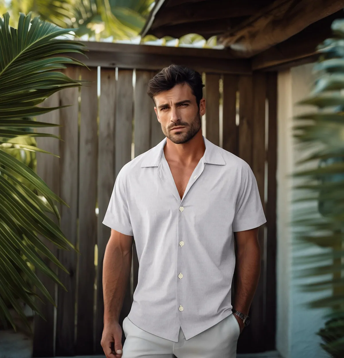 Cotton Linen - Camp Collar - Short Sleeve - Light Gray