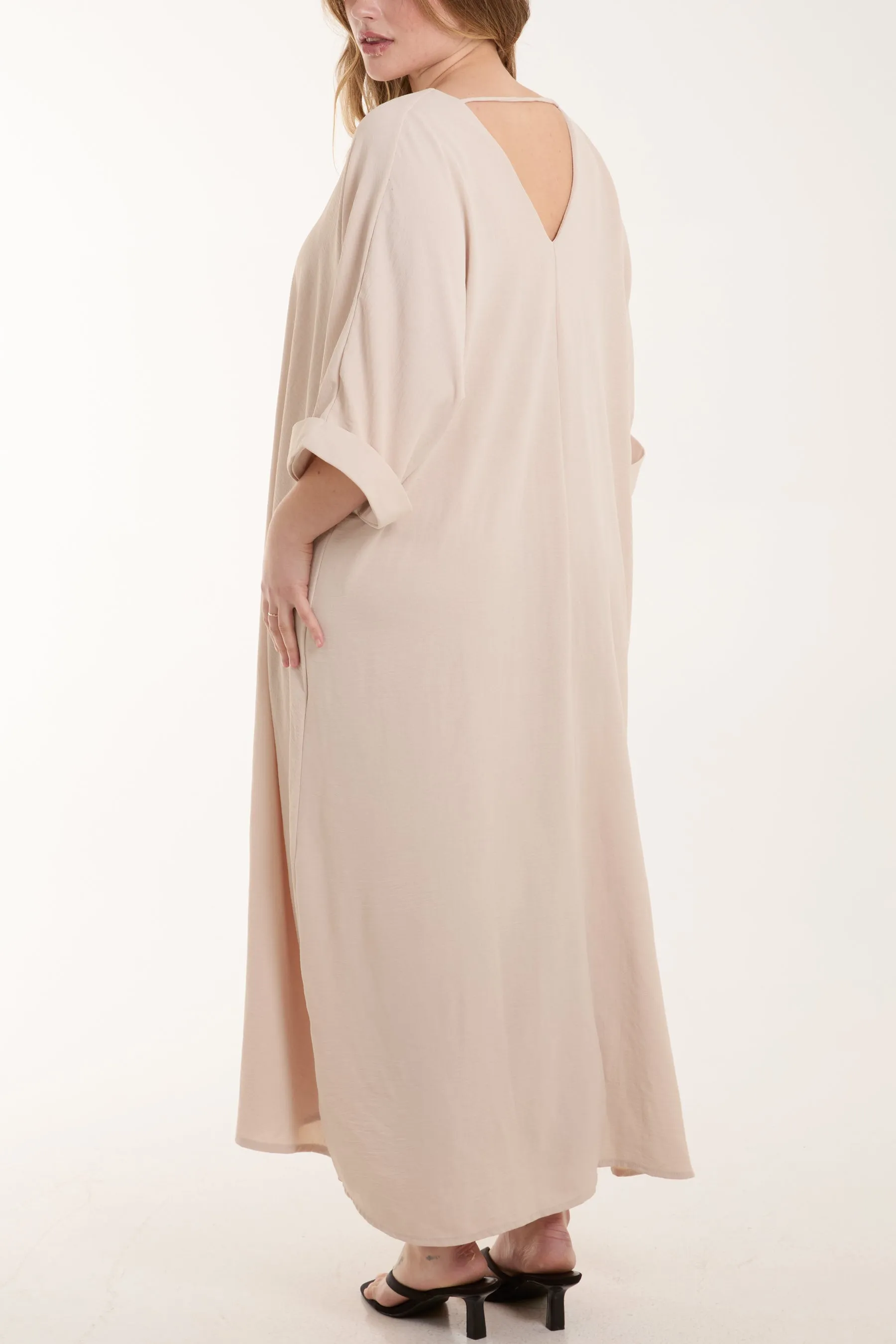 Deep V Roll Sleeve Tunic Maxi Dress