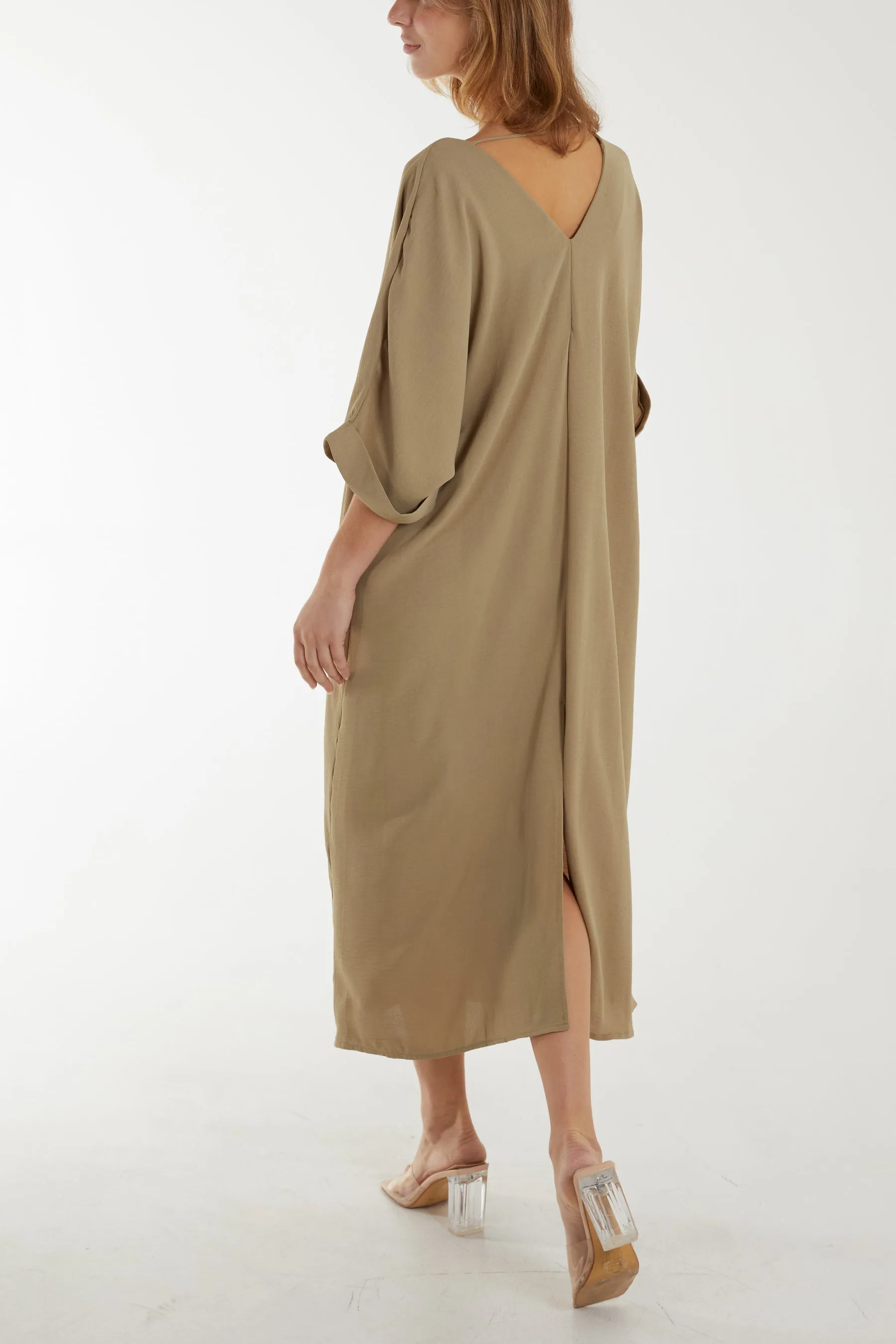 Deep V Roll Sleeve Tunic Maxi Dress
