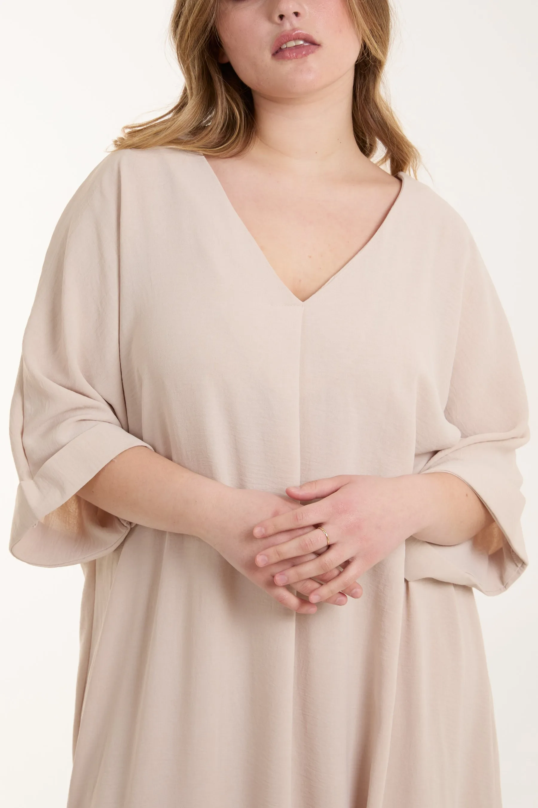 Deep V Roll Sleeve Tunic Maxi Dress