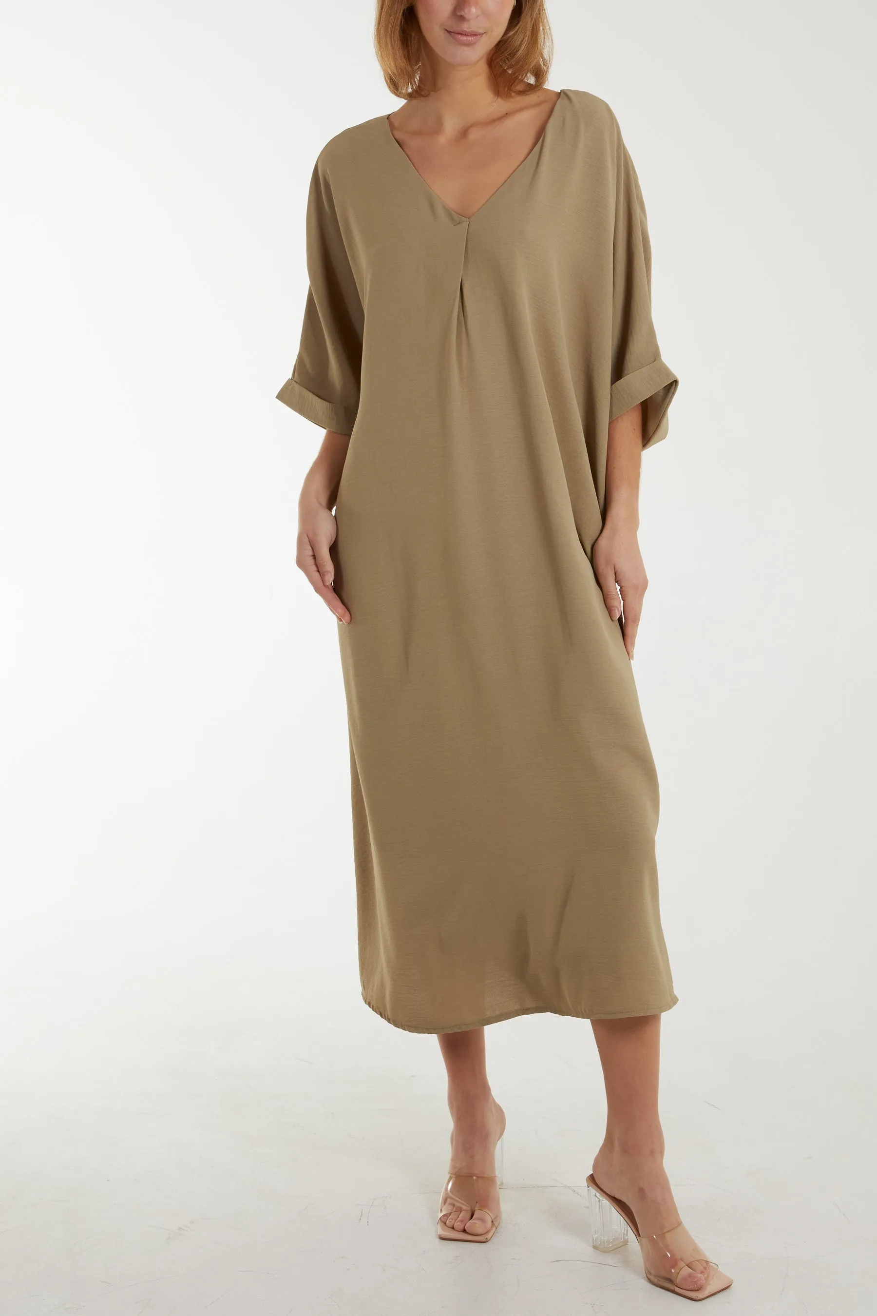 Deep V Roll Sleeve Tunic Maxi Dress