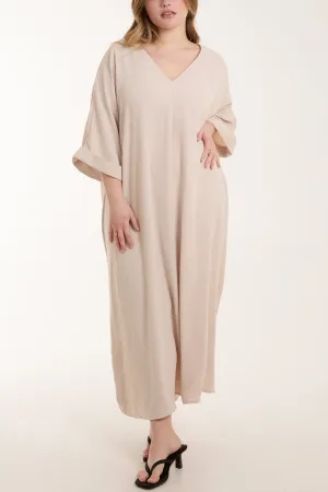 Deep V Roll Sleeve Tunic Maxi Dress