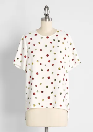 Exactly Effortless Hi Lo Blouse Ladybug Swarm Ivory