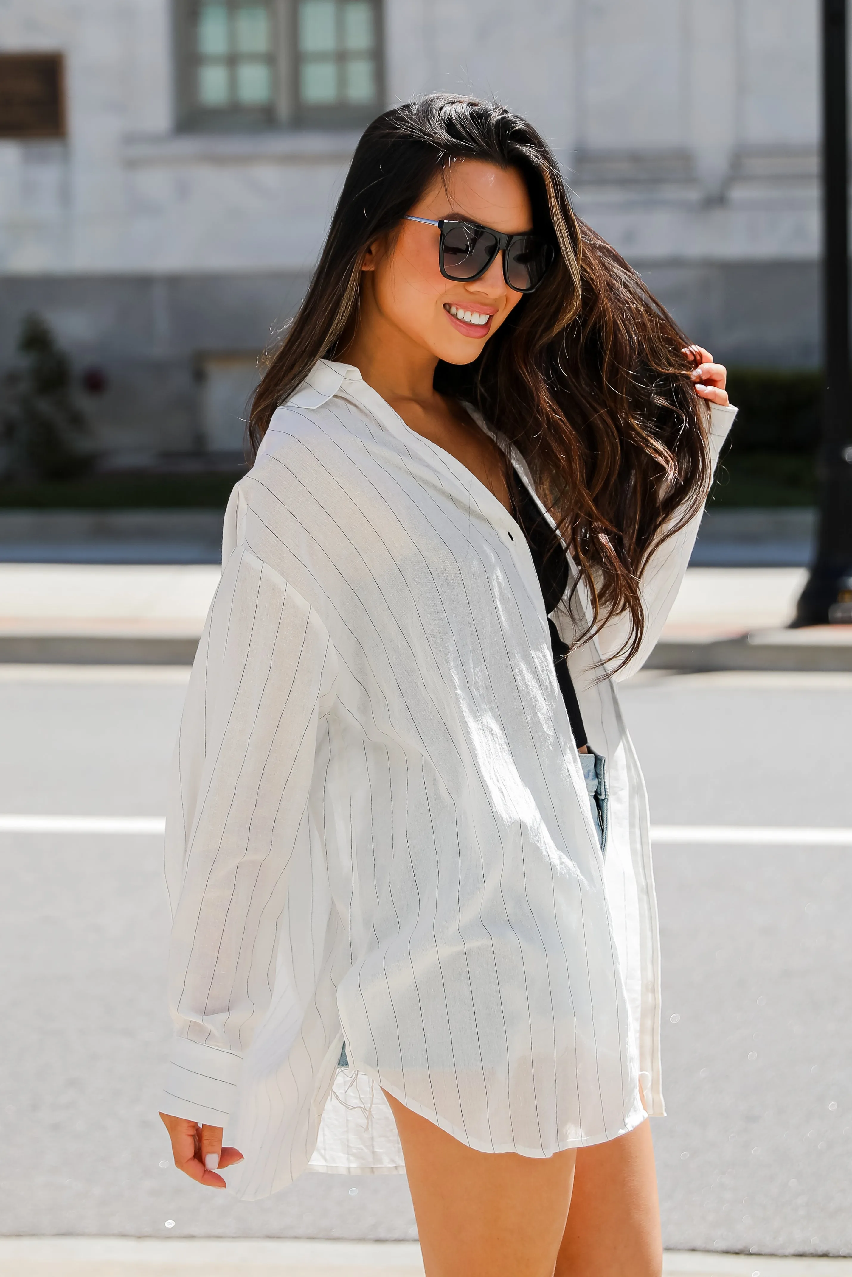 FINAL SALE - Natural Sweetheart Pinstripe Oversized Button-Up Blouse