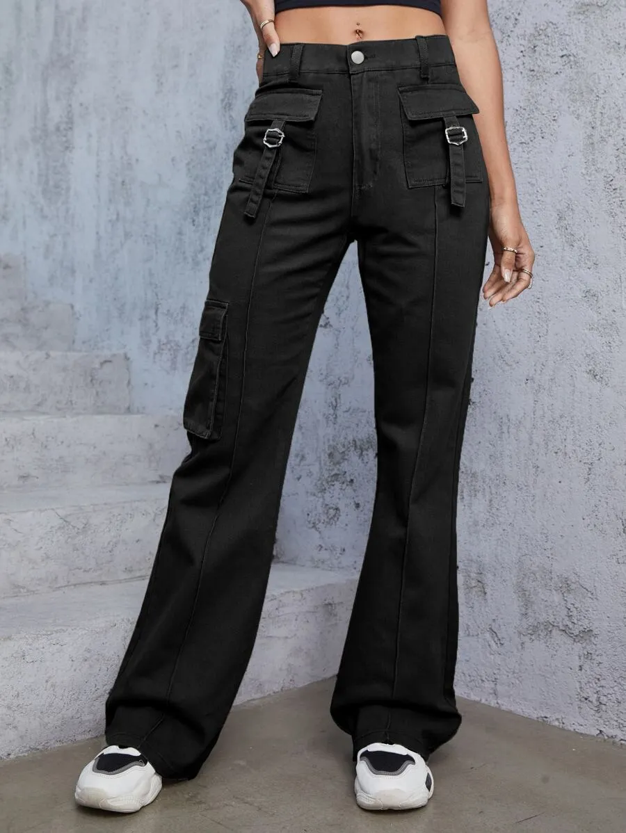 Flap Pocket Trendy Wide Leg Jeans