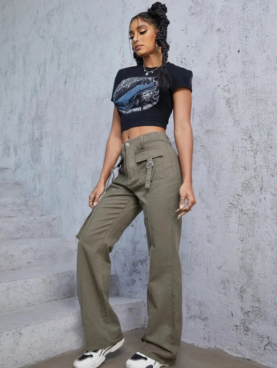 Flap Pocket Trendy Wide Leg Jeans