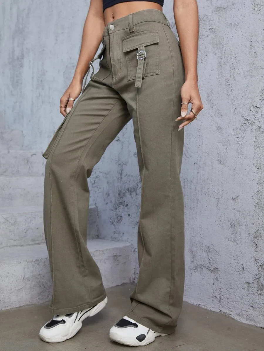 Flap Pocket Trendy Wide Leg Jeans